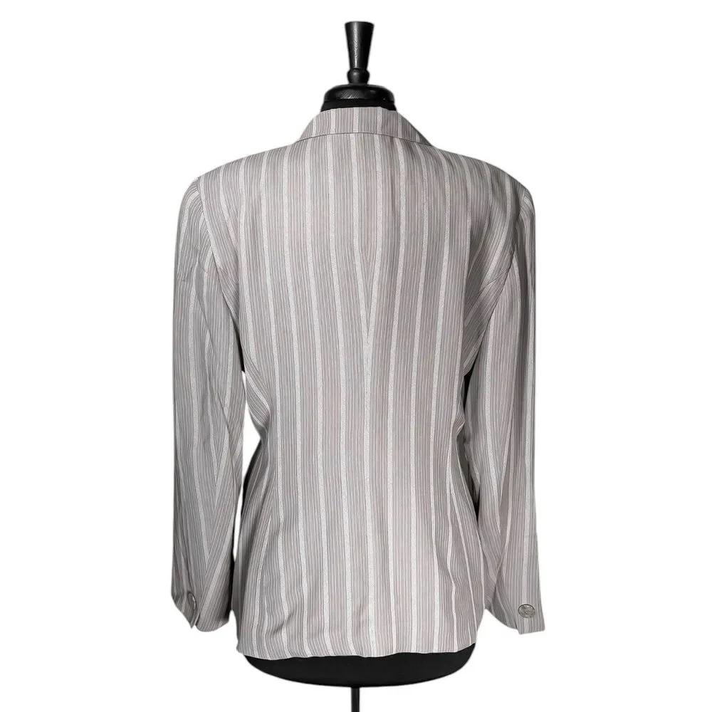 Vintage Christian Dior Womens 14 Gray Pinstripe Wrap Blazer Tie Waist Jacket USA